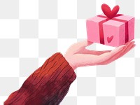 PNG Hand holding gift box illustration heart pink.