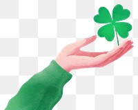 PNG Hand holding clover leaves illustration sleeve green.