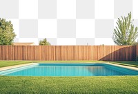 PNG A modern grass backyard with a wooden fence and a swimming pool outdoors residential indoors.