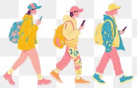 PNG Three young people walking phones illustration colorful.