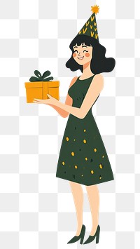 PNG Woman holding gift box hat illustration smiling.