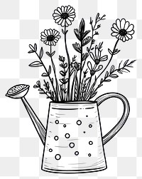 PNG Watering can with flowers art illustration hand-drawn.