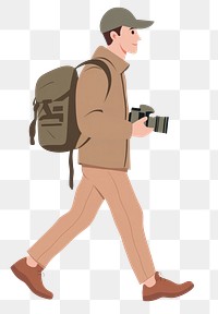 PNG Man walking holding camera illustration photography backpack.