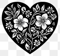 PNG Linocut heart with flowers pattern black white.