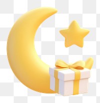 PNG Yellow crescent moon and star with a white gift box on a yellow background. Moon and star create a dreamy, celestial theme. Gift box adds a festive touch.