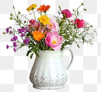 PNG A white enamel pitcher filled with colorful wildflowers arrangement vibrant rustic.