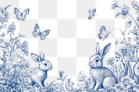 PNG Blue and white floral pattern with rabbits butterflies flowers style.