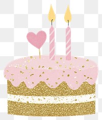 PNG A pink and gold glitter birthday cake with two candles illustration decoration heart.