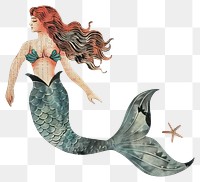 PNG Mermaid retro paper painting art illustration.