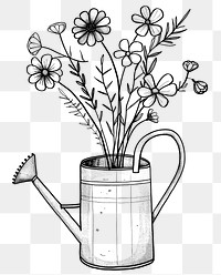 PNG Flowers growing in an old watering can drawing white art.