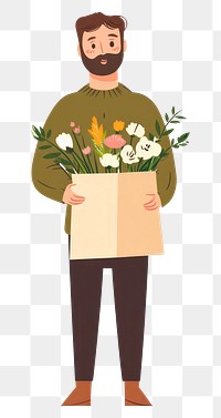 PNG A man holds a paper bag of flowers illustration arrangement cardboard.