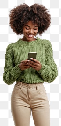 PNG Black woman looking at phone sweater background green.