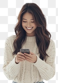 PNG Asian woman smiles while looking at her phone sweater background happy.