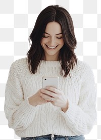 PNG Woman in her late thirties with dark hair sweater expression smiling.