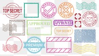 Colorful stamp collection with 'Top Secret', 'Approved', 'Premium'. Various shapes and styles. Stamps include 'Top Secret', 'Approved', 'Premium'. Colorful stamps, vector set.