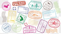 Colorful travel stamps featuring cities like Sydney, Paris, and San Francisco. Vibrant travel stamps for passports. Travel stamps in various shapes and colors. Colorful stamps, vector set.