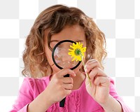 Png girl examining daisy sticker, education transparent background