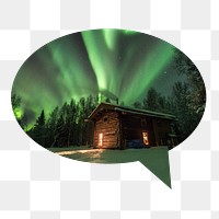 Green aurora png lights badge sticker, travel photo in speech bubble transparent background