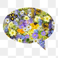 Colorful flowers png badge sticker, Spring photo in speech bubble, transparent background