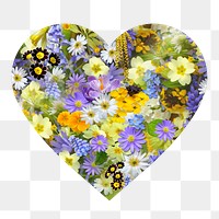 Colorful flowers png badge sticker, Spring photo in heart shape, transparent background