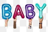 Baby word png, letter foil balloon, typography collage element, transparent background