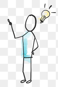 New idea png, cartoon person with light bulb doodle in transparent background