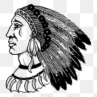 Native American png man sticker, vintage portrait illustration on transparent background. Free public domain CC0 image.