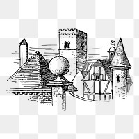 Medieval castle png sticker, vintage architecture illustration on transparent background. Free public domain CC0 image.