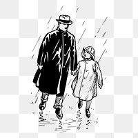 Png father, daughter walking in the rain sticker, vintage illustration on transparent background. Free public domain CC0 image.