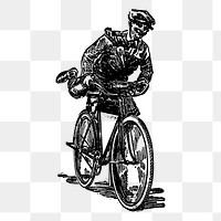 Png delivery man riding bicycle sticker, vintage illustration on transparent background. Free public domain CC0 image.