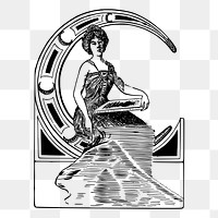 Png lady sitting on crescent moon sticker, vintage illustration on transparent background. Free public domain CC0 image.