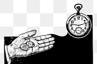 Time is money png sticker, vintage hand illustration on transparent background. Free public domain CC0 image.