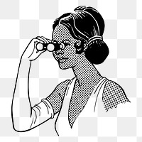 Png woman looking through opera glasses, vintage illustration on transparent background. Free public domain CC0 image.