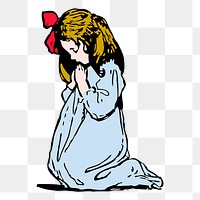 Png praying little girl sticker, vintage illustration on transparent background. Free public domain CC0 image.