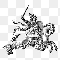 Knight png riding horse sticker, medieval illustration on transparent background. Free public domain CC0 image.