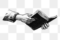 Hands png holding book sticker, vintage illustration on transparent background. Free public domain CC0 image.