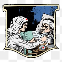 Nurse png treating patient  sticker, medical vintage illustration on transparent background. Free public domain CC0 image.