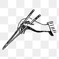 Png hand holding chopsticks sticker, vintage illustration on transparent background. Free public domain CC0 image.