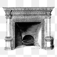 Ornate fireplace png sticker, interior vintage illustration on transparent background. Free public domain CC0 image.