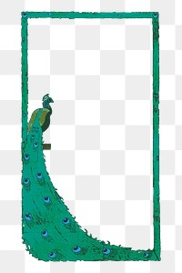 Peacock frame png sticker, animal illustration on transparent background. Free public domain CC0 image.