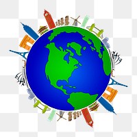 Famous landmarks png sticker, globe illustration on transparent background. Free public domain CC0 image.