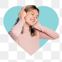 Png girl enjoying music heart badge sticker, hobby  photo in heart shape, transparent background