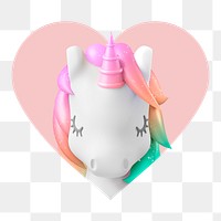 3D unicorn png badge sticker, modern design in heart shape, transparent background