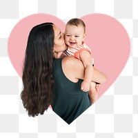 Mother and baby png badge sticker, family  photo in heart shape, transparent background