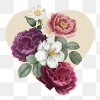 Vintage rose png badge sticker, flower  in heart shape, transparent background
