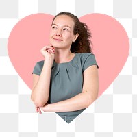 Thinking woman png badge sticker, businesswoman photo in heart shape, transparent background