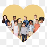 Preschoolers png badge sticker, children photo in heart shape, transparent background