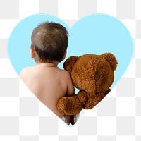 Png baby and teddy bear badge sticker, relationship photo in heart shape, transparent background