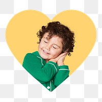 Sleepy kid png badge sticker, pajamas photo in heart shape, transparent background