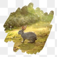 PNG rabbit in forest, brush stroke reveal sticker, animal collage element, transparent background